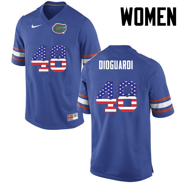 Women Florida Gators #48 Brett DioGuardi College Football USA Flag Fashion Jerseys-Blue